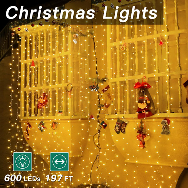 shineshine 197FT 600LED Julbelys utomhus, Vattentät 8 Belysnings Warm White 600 LED