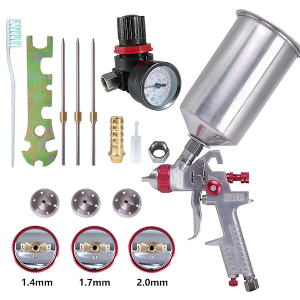 HVLP Färgsprutpistol Kit med 1000cc Behållare - 3 Munstycken 1.4-1.7-2.0 mm (röd)