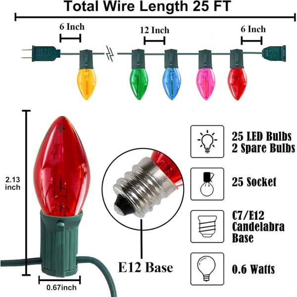 Pallerina C7 LED julbelysning 25Ft Flerfärgad julsnöre Lig Clear Multicolor
