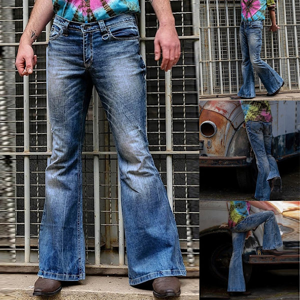 90-tals Herrejeans, Flared Byxor, Denimbyxor, Fickor, Enkla, Bekväma, Andningsbara, Utomhus, Vardag, Utgång, Bomullsblend, Mode, Casual, Blå 4XL