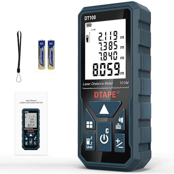 Laseravståndsmätare 100m, DT100 Portabel Digital Laser Mätverktyg Avståndsmätare Större Bakgrundsbelyst LCD 4-radig Display IP54 Stöttålig Batteri Ingår
