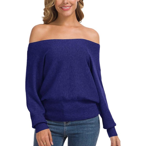 Feiersi Dam Off Shoulder Tröja Casual Långärmad Rundhalsad Topp 08 Royal Blue Small