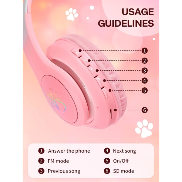 SENCU Trådlösa hörlurar Barn, Cat Ear LED Light Up Foldable Kids Blu gradient pink