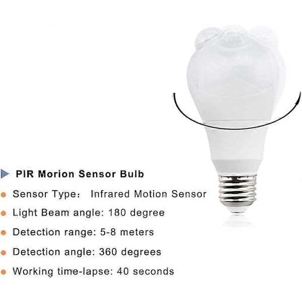 5W E27 LED-lampa PIR Infraröd Rörelsesensor E27 Edison Skruv Nattlampa Auto På/Av (2 st, Varmvit 3000K)