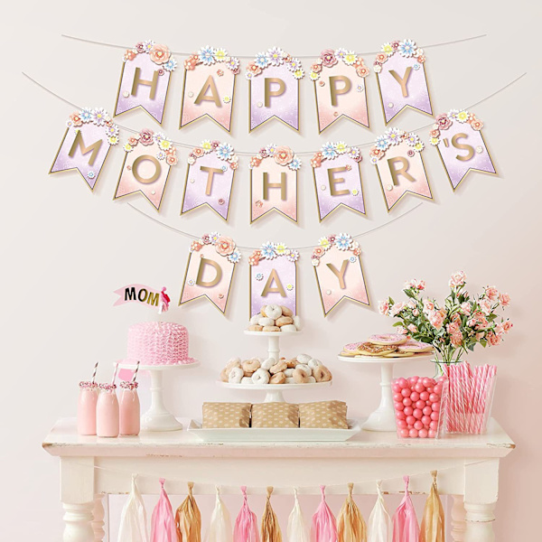 Glad Mors Dag Banner - 1 Set Hängande Bokstäver Design, Slitstark, Iögonfallande med Blommor, Skapa Atmosfär, Rosa Lila