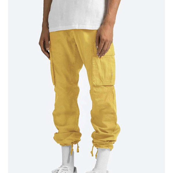 Män Solid Casual Flera fickor utomhus Rak typ Fitness Byxor L Yellow