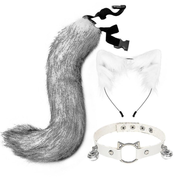 Furry Cat Ears Fox Tail Bell Collar Halsband Set Halloween Party Access Drey White