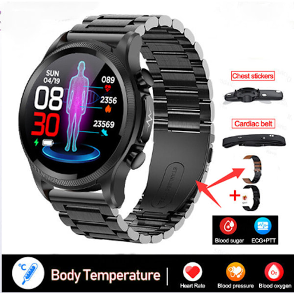 2023 Blodsocker Smartwatch Ecg+Ppg Monitor Blodtryck Kroppstemperatur Smartwatch Män Ip68 Vattentät Fitness Tracker - Smartwatch
