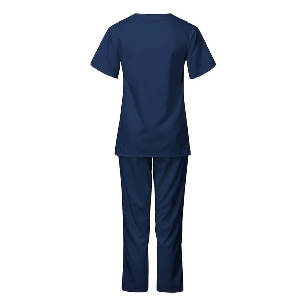 Unisex sjukhus Medical Scrub Top Byxor Uniform 2 st Set sjuksköterska Navy Blue M