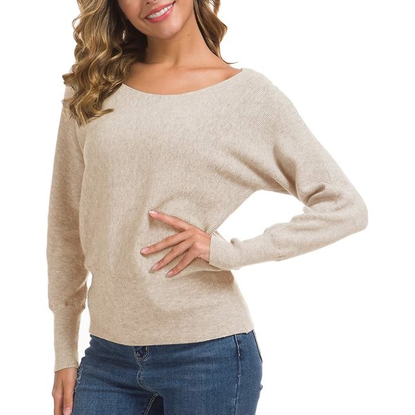 Feiersi Dam Off Shoulder Tröja Casual Långärmad Rundhalsad Topp 06 Beige Large