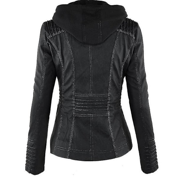 Kvinnors Långärmad Motorcykel Hoodie i PU-Läder Bikerjacka Svart M