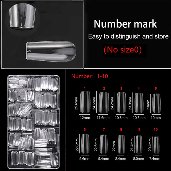 Cover spikspetsar 500st klara akrylnaglar med case för Na Kvadratformad