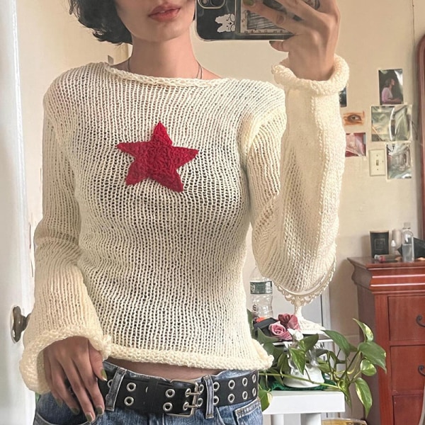 Star Crochet Knit Cropped Knit Top M