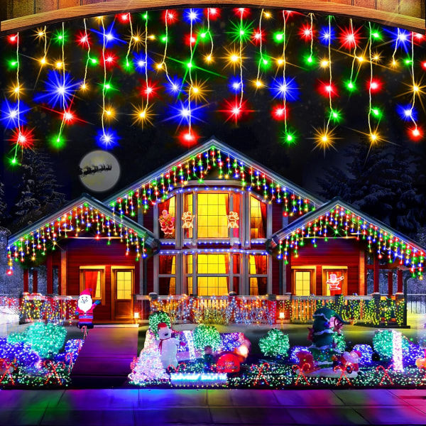 66 fot 640 LED Julbelysning Dekorationer Utomhus, 8 Lägen Gardin Fai Multicolor 99FT 1216LED