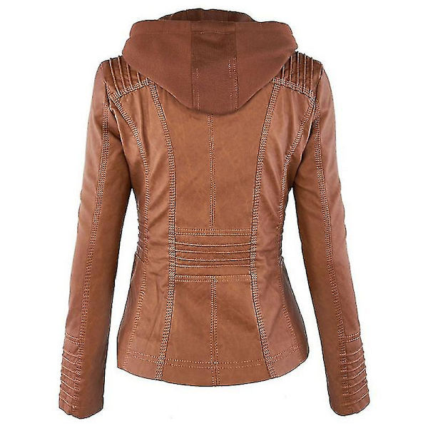 Kvinnors Långärmad Motorcykel Hoodie i PU-Läder Bikerjacka Brun L