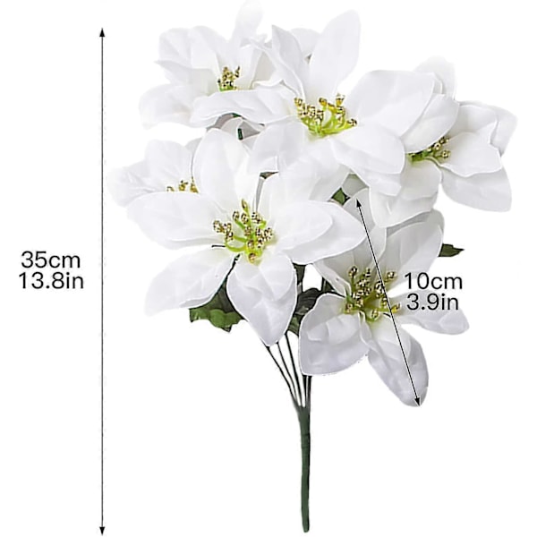 Set med 4 konstgjorda julstjärneblommor, 7 huvuden konstgjorda julstjärnebuskar siden jul vit julstjärnebukett julblommor bukett för jul