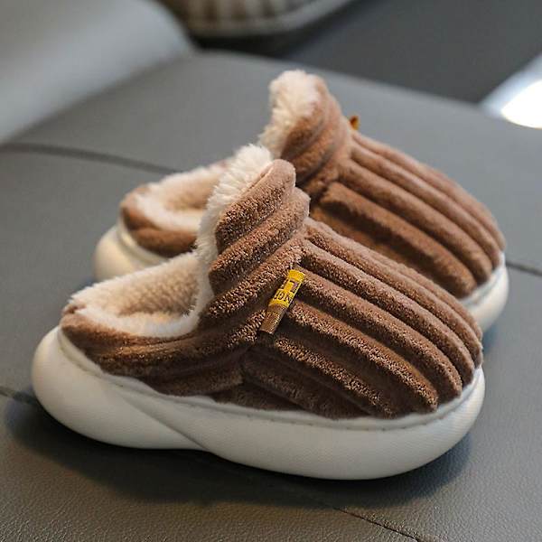 Unisex Barnplattformtofflor, Flickor Pojkar Plysch Bomulls Tofflor Kaffe Ingen klack 21CM 9-10years old
