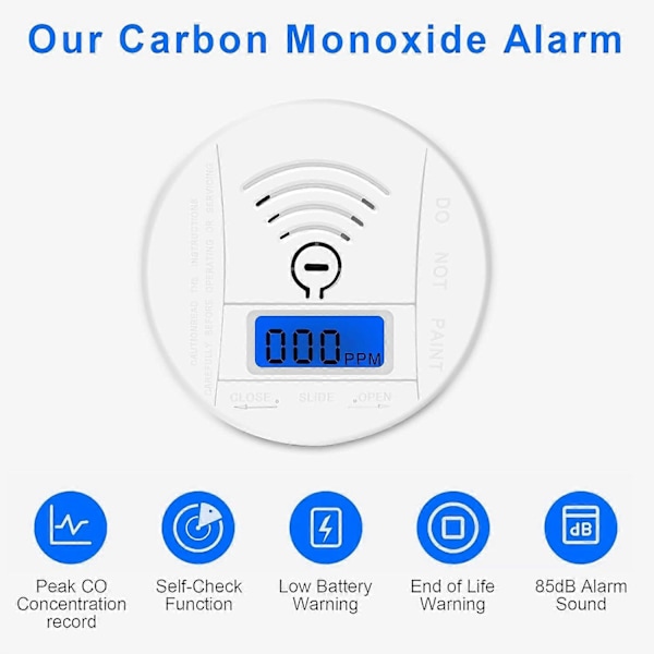 Trådlös Mini Kolmonoxidvarnare, CO-larm Batteridriven med LCD Digital Display och Ljudlarm, (Vit)