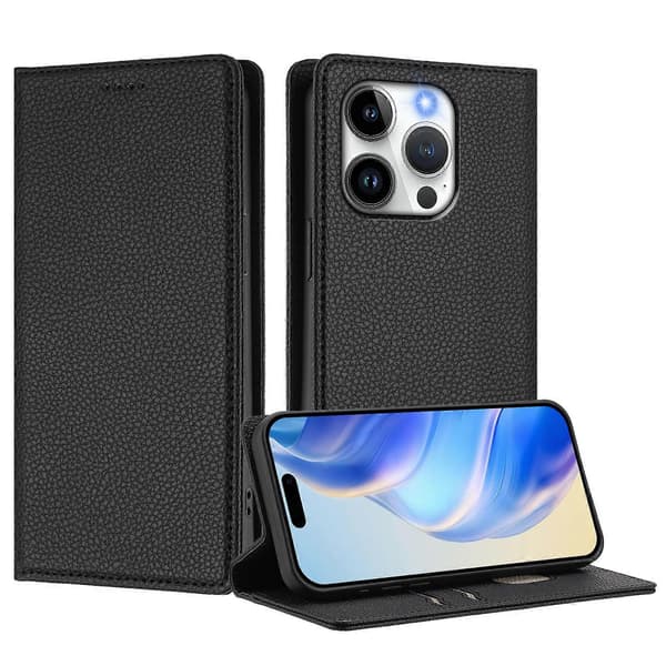 (Svart) Kompatibel med iPhone 15 Pro Plånboksfodral RFID Litchi Textur Läder Mobilskal