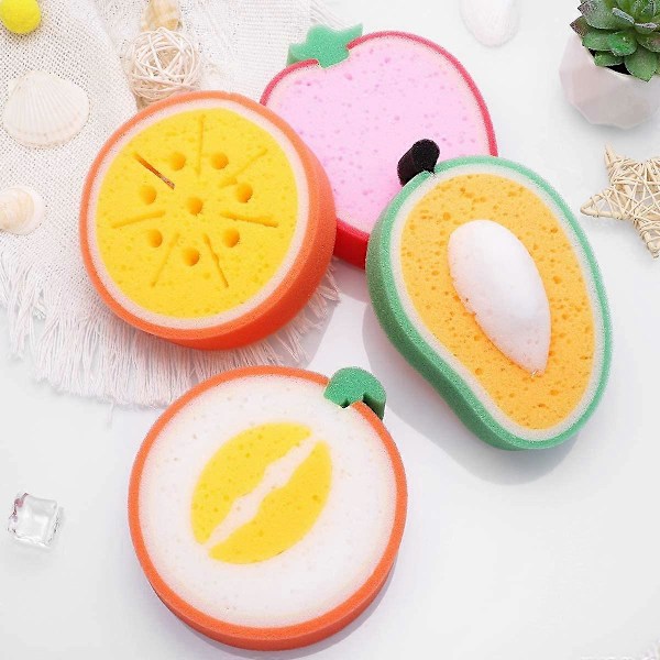 4 st Söta Fruktformade Badsvampar Badborstar Svampar Skrubbar Badverktyg för Barn (Mango + Honungsmelon + Apelsin + Jordgubbe)