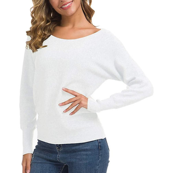 Feiersi Dam Off Shoulder Tröja Casual Långärmad Rundhalsad Topp 02 White X-Large