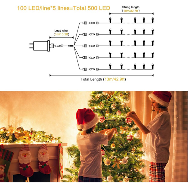 200 LED flerfärgade julbelysning utomhus Vattentät, expanderbar 66f Warm White 500 LED