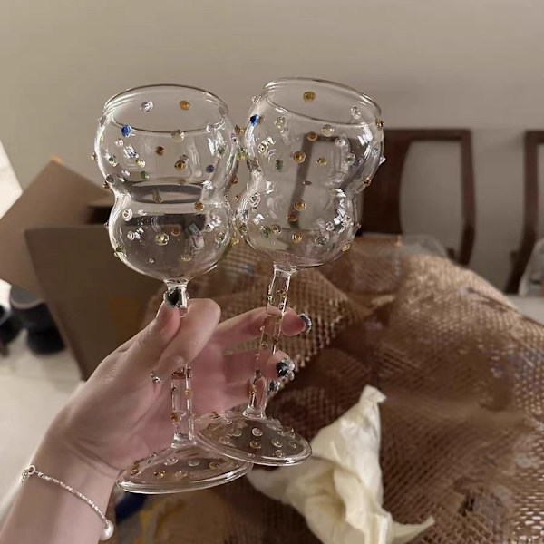 Klar & Multi Pomponette Goblet Färgad Gem Vin Glas Färgad Punkt GlasSockerböna Kopp A
