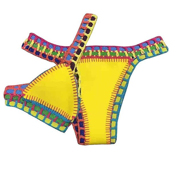 Sexig kvinnobikiniset, vändbar badkläder, låg midja, handgjord stickning Yellow M