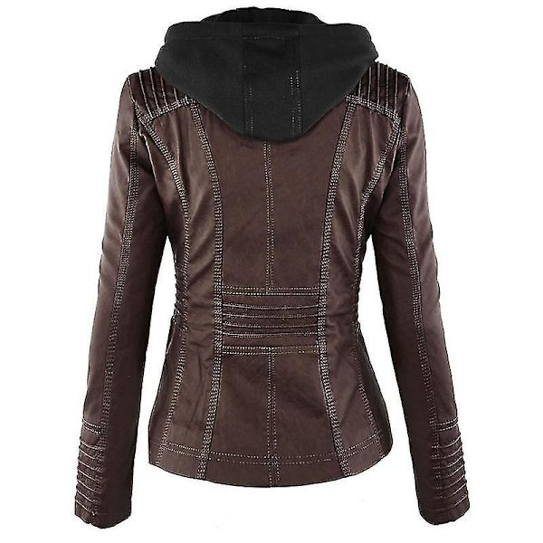 Kvinnors Långärmad Motorcykel Hoodie i PU-Läder Bikerjacka Kaffe 2XL