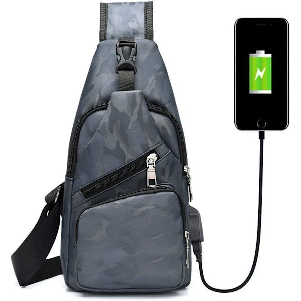 Slingväska, Bröstväska med USB-laddningsport, Lätt för Män och Kvinnor 5 Kamouflage Grey Sling Bag