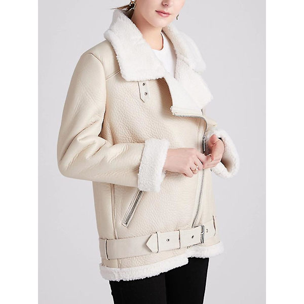 Vinterjacka för kvinnor, tjock konstläder, päls, fårskinn, damjacka, päls Beige M