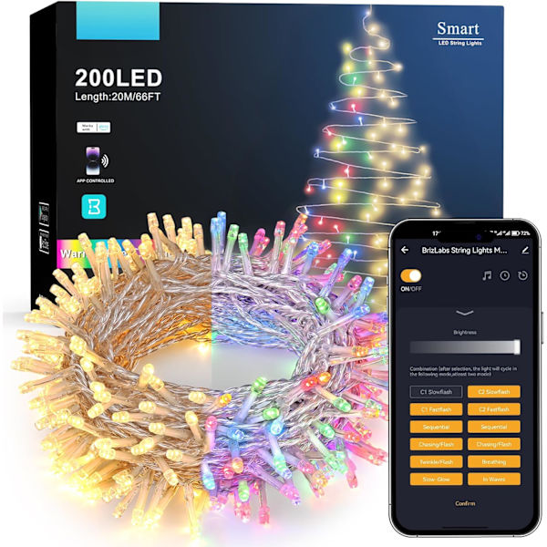 Julbelysning, 20 meter 200 LED Färgväxlande Trädbelysning 11-Funktioner Warm White & Multicolor 200 LED - WIFI