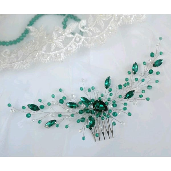Anglacesmade Brud Grön Crystal Hair Comb Emerald Hair Vine Ma Silver