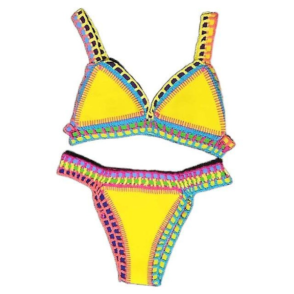 Sexig kvinnobikiniset, vändbar badkläder, låg midja, handgjord stickning Yellow M