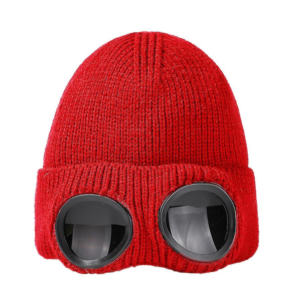 Unisex Stickad Mössa med Goggles Vindsäker Varm Vinter Skallehatt Skidåkning red