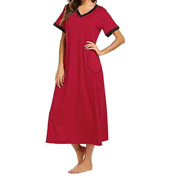 Nattklänning för kvinnor, kortärmad, ultralen, full längd, sovkläder Red M