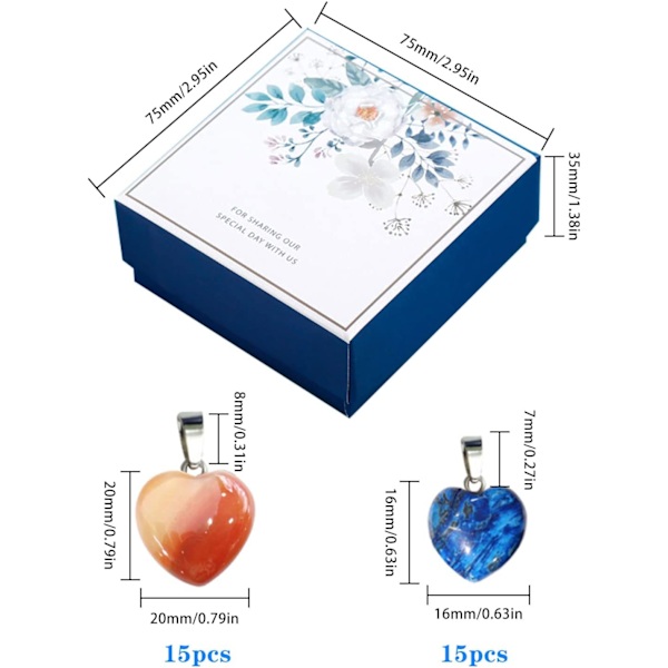 20 st Hjärtformade Stenberlocker Charm Kristall Chakra Pärlor fo 30PC + presentförpackning
