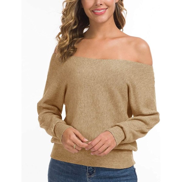 Feiersi Off Shoulder tröja för kvinnor Casual långärmade toppar med rund hals 05 Khaki X-Small