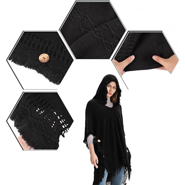Stickad poncho-tröja med mössa, stickad halsduk för kvinnor Jul