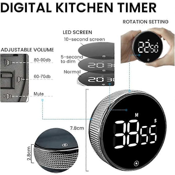 Kökstimer, Digital Timer LCD-display, Minuträknare med Magnet, Roterande Nedräkning