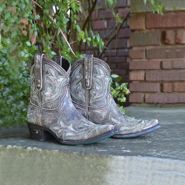 Dam Retro Broderade Western Cowboy Boots Spetsig tå Låg Blockklack Grey 38