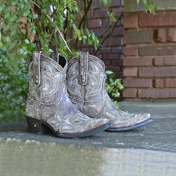 Dam Retro Broderade Western Cowboy Boots Spetsig tå Låg Blockklack Grey 40