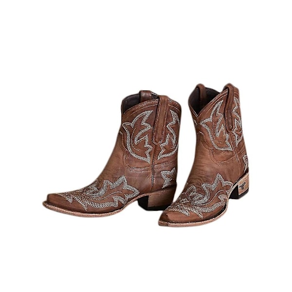Dam Retro Broderade Western Cowboy Boots Spetsig tå Låg Blockklack Dark Brown 41
