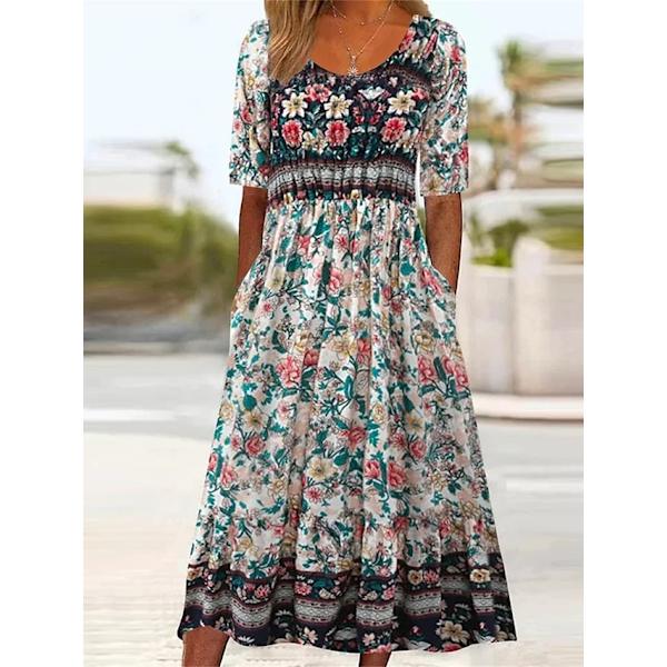 Sommarklänning för kvinnor, Casual, Boho, Blommig, Rynkad, Med Fickor Pink M