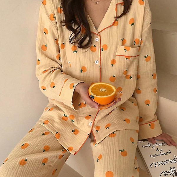 Mjuk bomull Kawaii Apelsiner Print Långärmad Pyjamas Set XL