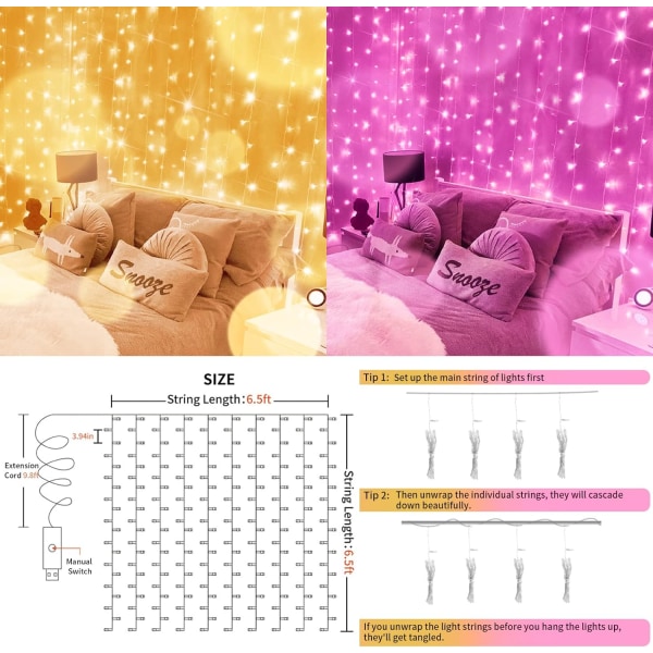 Gardinljus för sovrum, 200 led hängslinga utomhus vattentät Warm White & Fuchsia USB-200 LED Color Changing