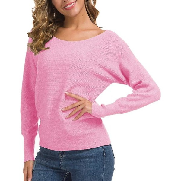 Feiersi Off Shoulder tröja för kvinnor Casual långärmade toppar med rund hals 09 Pink Large