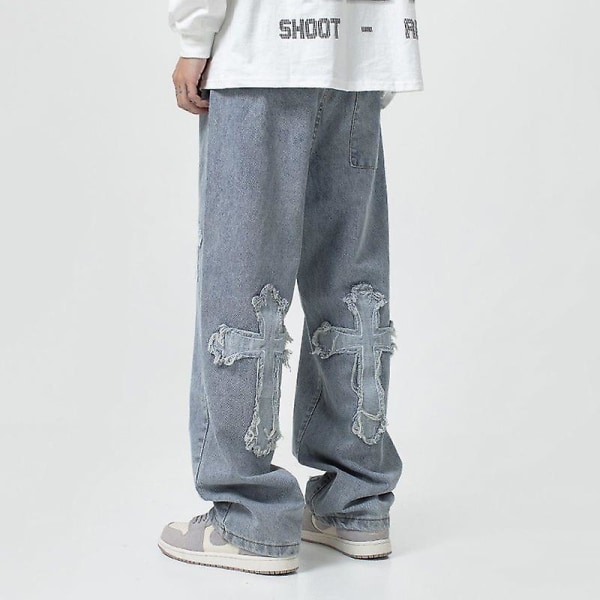 V-hanver Herr Streetwear Baggy Jeans Byxor Cross Hip Hop Herr XXL