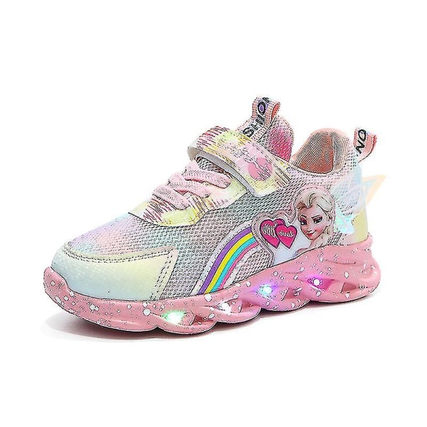 Girls Led Casual Sneakers Elsa Princess Print Outdoor Shoes Kids Pink 24-insole 14.7cm