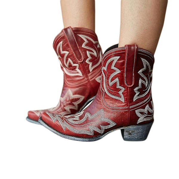 Dam Retro Broderade Western Cowboy Boots Spetsig tå Låg Blockklack Red 43